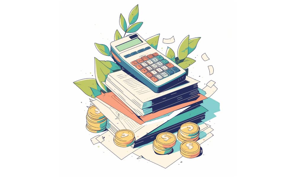 Stack of finance books with calculator and coins representing personal finance tips.